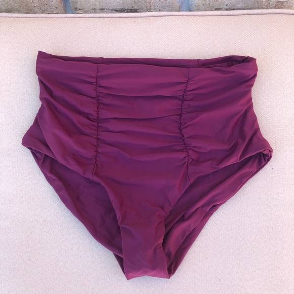 BECCA Ruched Vintage Cut High Waist Bikini Bottom Purple Burgundy Size LG - Picture 2 of 11
